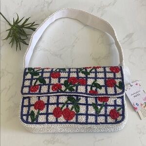 New Viral Beaded Bag White Blue Checkered Cherry Design Clutch Trendy Summer